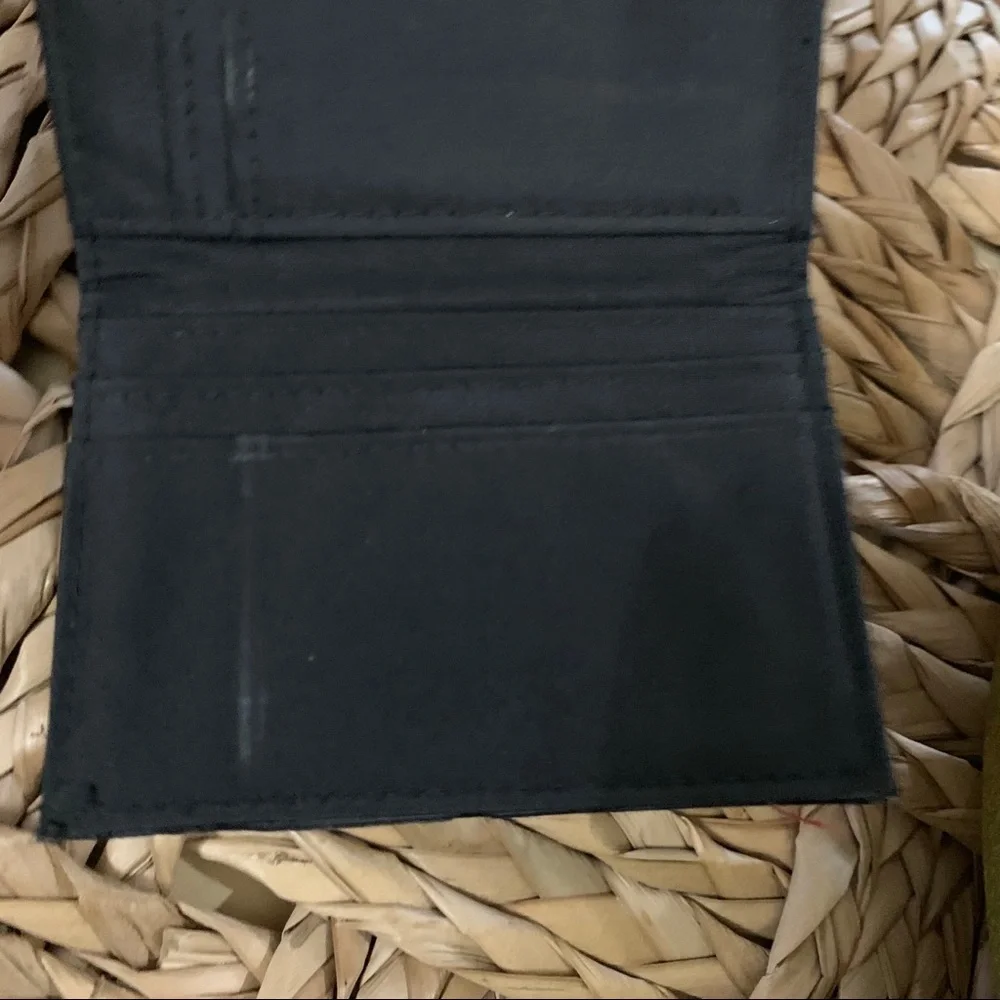 Black faux leather wallet w/fabric on front